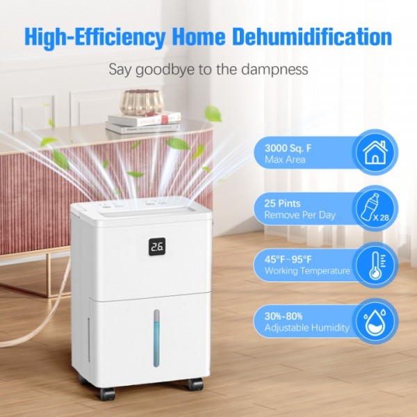 Deverse 25 Pints Dehumidifier for Home/Bedroom/Basement, 3000 Sq.Ft Coverage, with Drain Hose, Smart Humidity Control & Large Tank