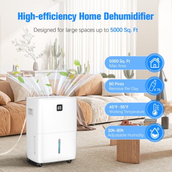 Devesere 80 Pint Energy Star Home Dehumidifier for Basement,Bedroom,Bathroom and Large Room up to 5,000 Sq.Ft,with Drain Hose,Smart humidistats and Large Tank 